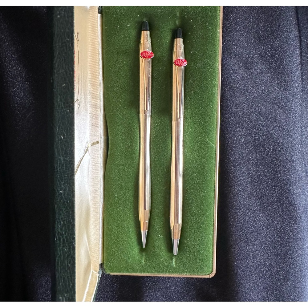 Vintage 10K gold filled Dr. Pepper ink pen & mechanical pencil set by Cross.
